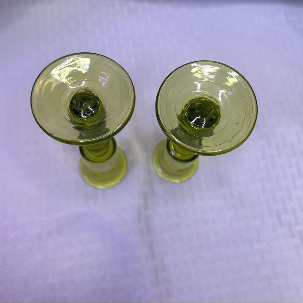 Vintage Pair Jamestown Glasshouse Hand Blown Green Glass Candle Holders